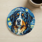 Bernese Mountain Dog Oil Painting Soccer Portrait Coaster - Berner Dog Lover Gift, Pet Portrait Decor cork coaster shown on a warm limestone surface beside a mug