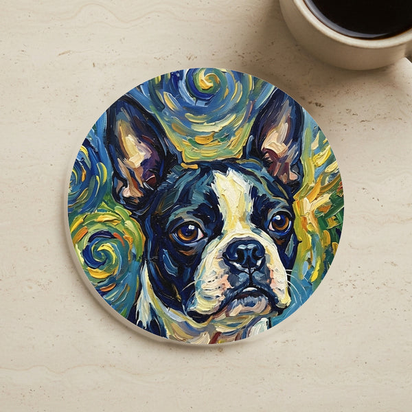 Boston Terrier Post-Impressionist Oil Painting Coaster | Dog Art Decor Gift | Premium Pet Portrait Drink Mat for Dog Lovers