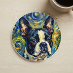Boston Terrier Oil Painting Soccer Coaster cork coaster shown on a warm limestone surface beside a mug