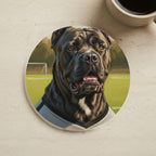 Cane Corso Oil Painting Soccer Portrait Coaster cork coaster shown on a warm limestone surface beside a mug