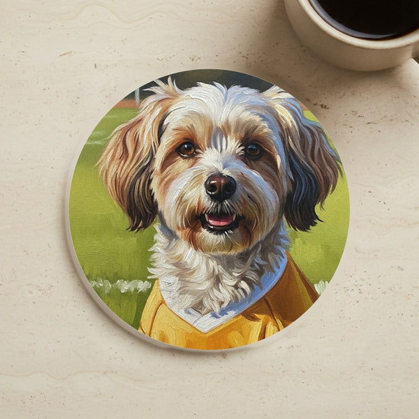 Havanese Oil Painting Soccer Portrait Coaster, Dog Art Decor, Pet Lover Gift, Havanese Mom Dad Gift
