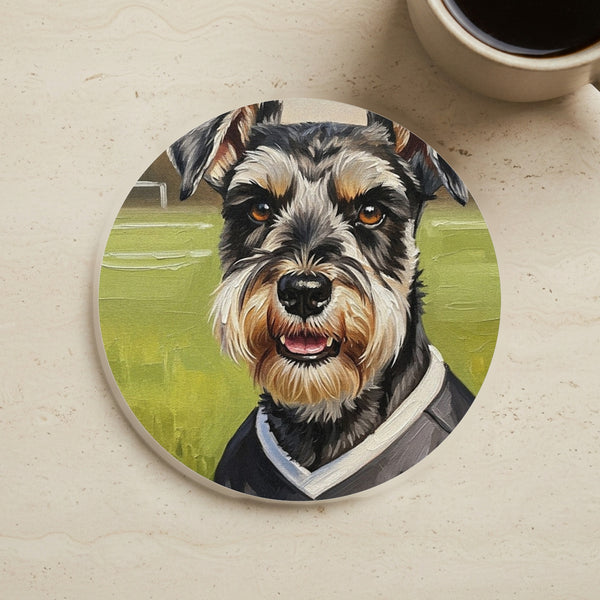 Miniature Schnauzer Oil Painting Soccer Portrait Coaster | Dog Art Gift for Schnauzer Lovers | Pet Parent Decor