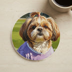 Shih Tzu Oil Painting Soccer Portrait Coaster cork coaster shown on a warm limestone surface beside a mug