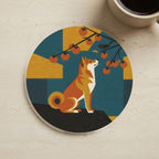 Shiba Inu Retro Autumn stocking stuffer gift set: round cork-back coaster and two 3x3 vinyl stickers