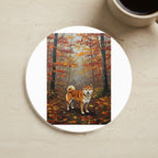 Shiba Inu Coaster, Autumn Woods Acrylic Painting Dog Art Gift, Cork Back Pet Decor for Home cork coaster shown on a warm limestone surface beside a mug