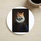 Shiba Inu Renaissance Portrait Cork Coaster cork coaster shown on a warm limestone surface beside a mug