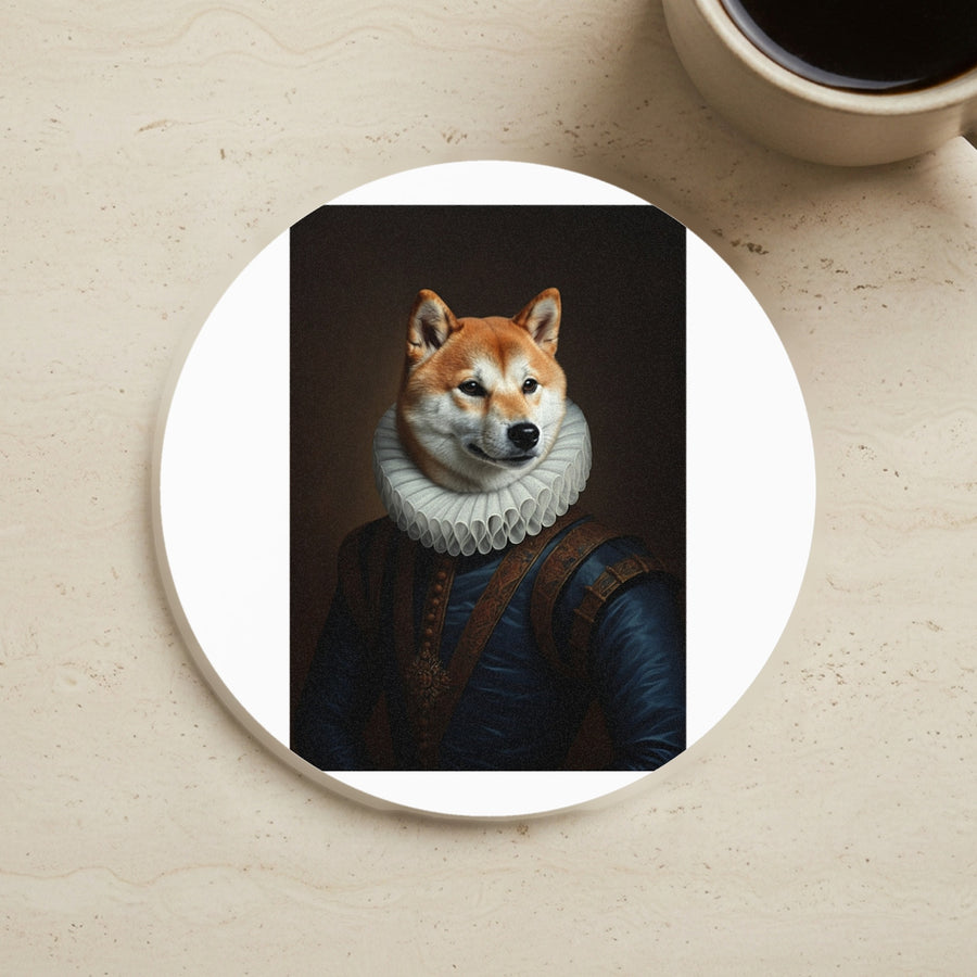 Shiba Inu Renaissance Portrait Cork Coaster cork coaster shown on a warm limestone surface beside a mug
