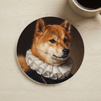 Shiba Inu Royal Portrait Drink Coaster, Regal Dog Art, Shiba Inu Lover Gift cork coaster shown on a warm limestone surface beside a mug