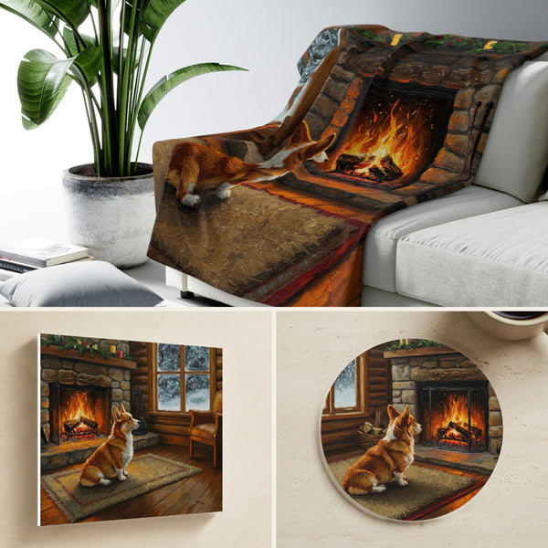 Corgi By the Fire gift set: canvas, sherpa blanket and coaster in one painting