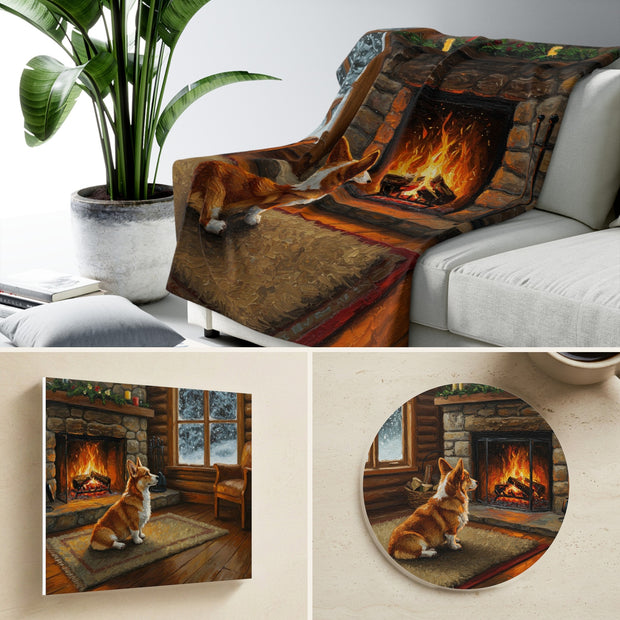 Corgi By the Fire Gift Set | Canvas, Sherpa Blanket & Coaster | Tritan