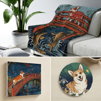 Corgi Japanese Print Gift Set | Canvas, Sherpa Blanket & Coaster | Tritan