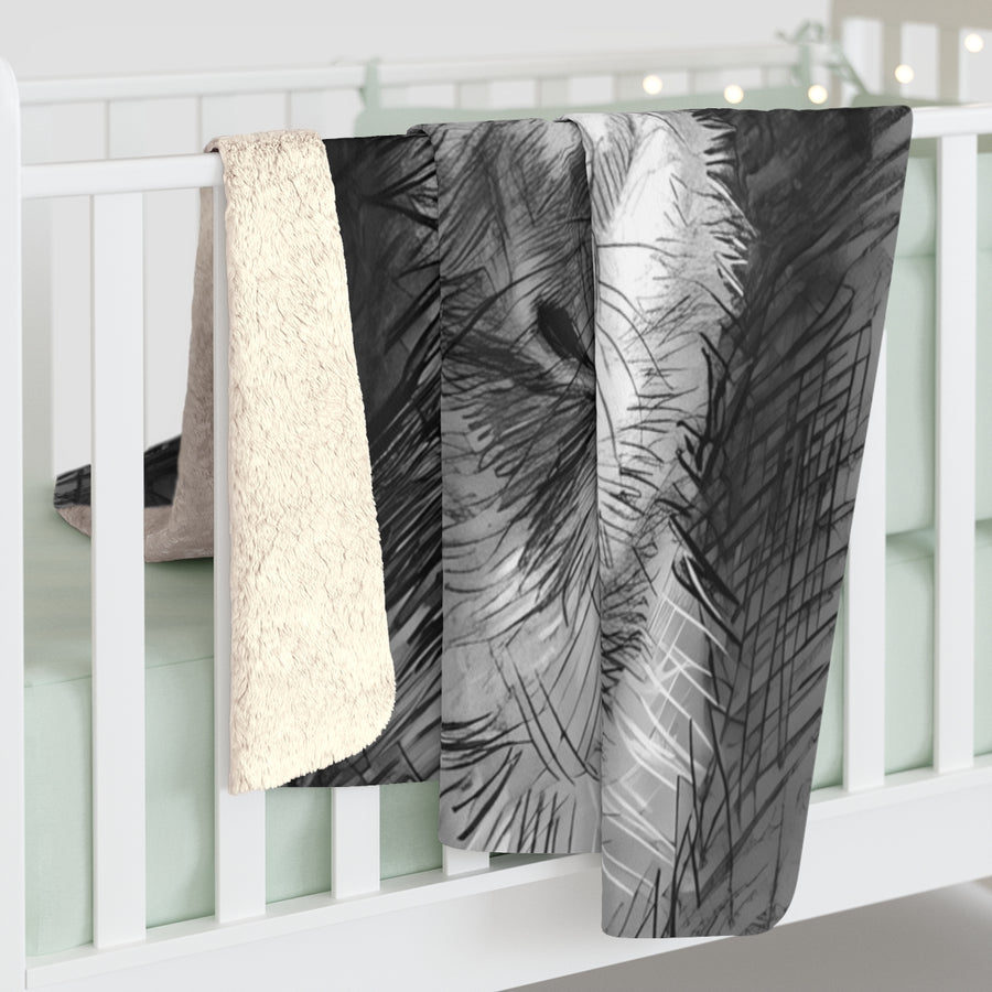 Corgi Charcoal sherpa blanket by Tritan, on bed