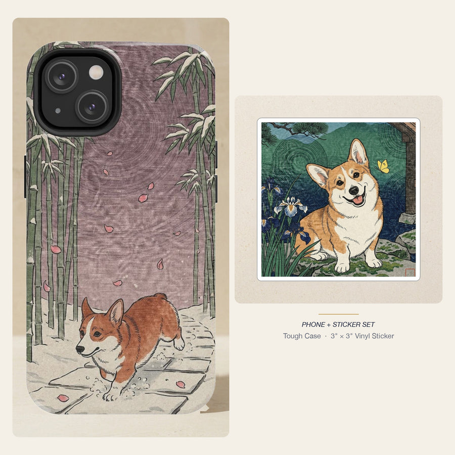 Corgi Japanese Print phone and sticker gift set: dual-layer iPhone 15 Pro tough case and 3x3 vinyl sticker