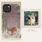 Corgi Japanese Print phone and sticker gift set: dual-layer iPhone 15 Pro tough case and 3x3 vinyl sticker