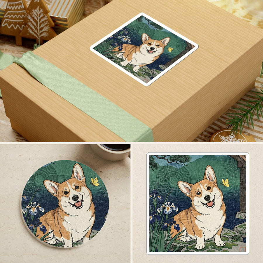 Corgi Japanese Print stocking stuffer gift set: round cork-back coaster and two 3x3 vinyl stickers