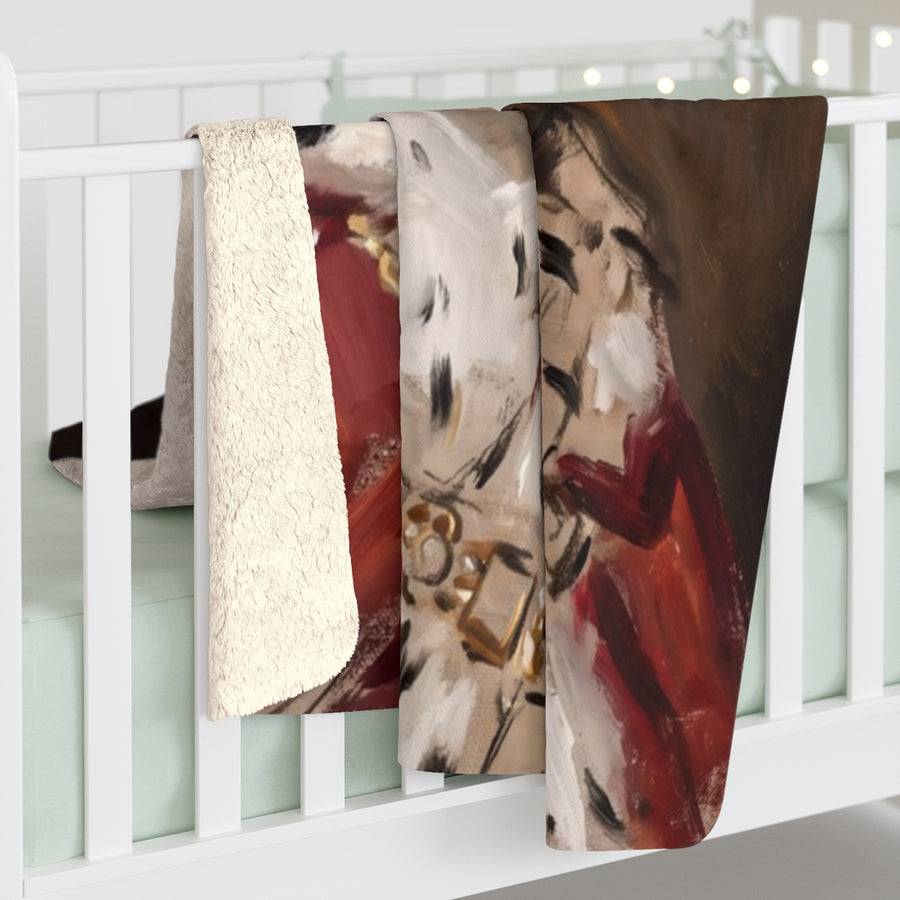 Corgi Kings & Queens sherpa blanket by Tritan, on bed