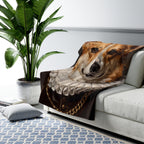 Corgi Renaissance Royal sherpa blanket by Tritan, on sofa