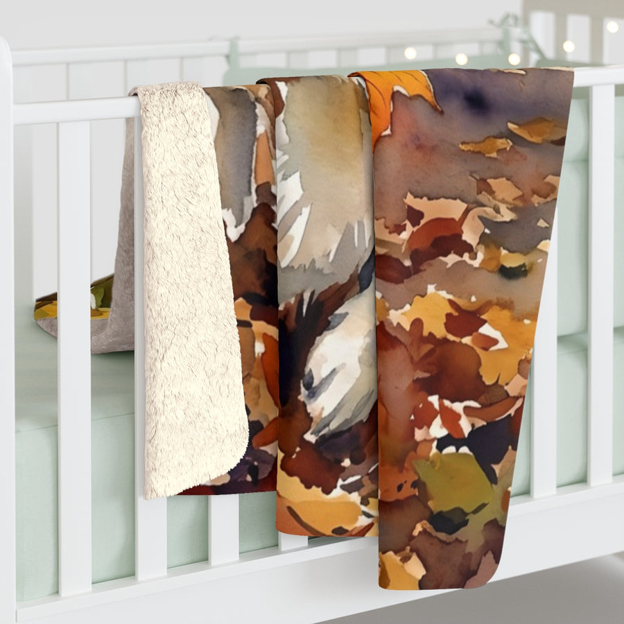 Corgi Watercolor sherpa blanket by Tritan, on bed