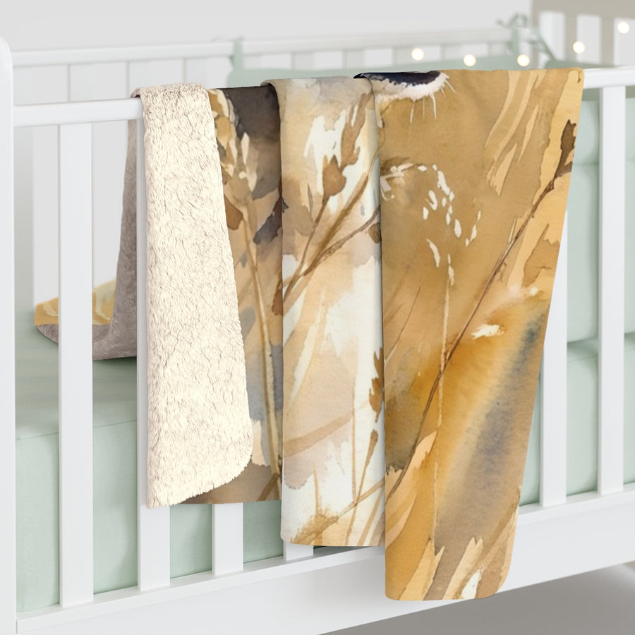 Corgi Watercolor sherpa blanket by Tritan, on bed