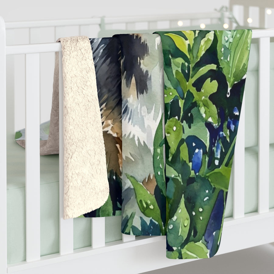 Corgi Watercolor sherpa blanket by Tritan, on bed