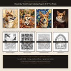 Close-up of the four 8x10 300 DPI Corgi paintings and four printable black-and-white Corgi coloring pages included in the vault
