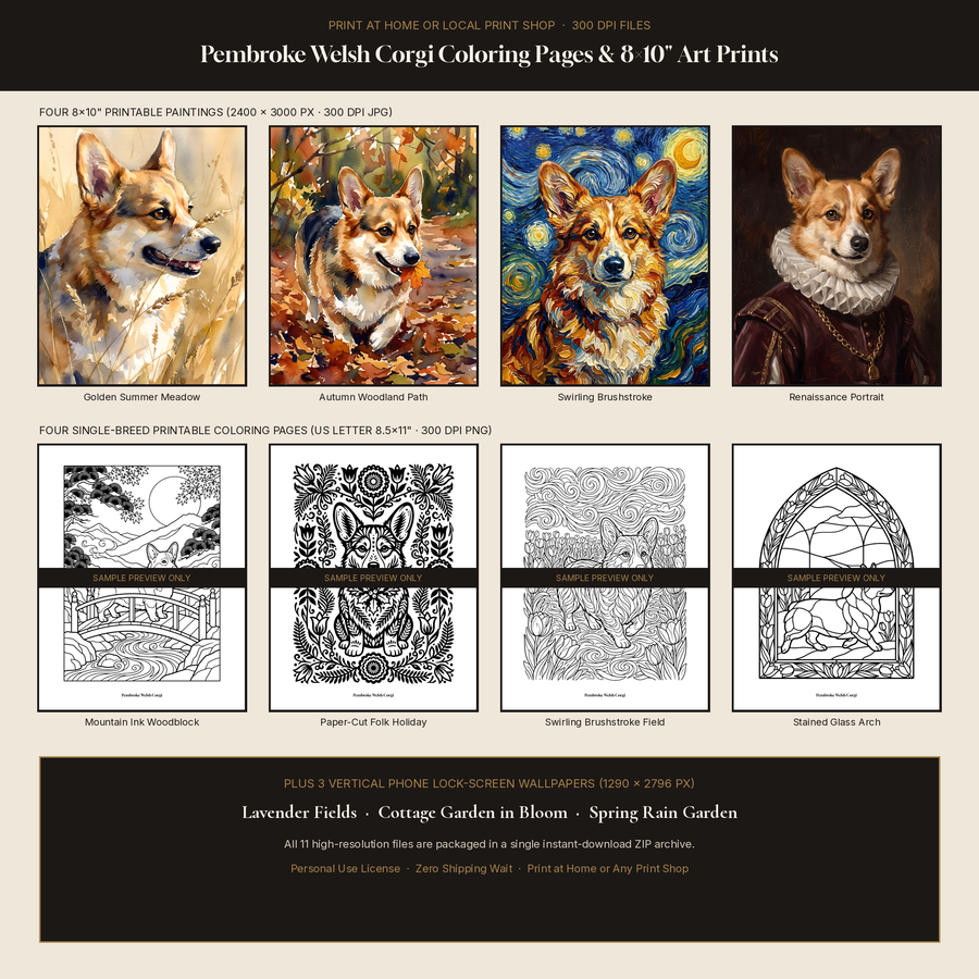 Close-up of the four 8x10 300 DPI Corgi paintings and four printable black-and-white Corgi coloring pages included in the vault