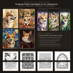 Pembroke Welsh Corgi Digital Art and Printable Coloring Vault overview showing 8x10 wall prints, phone wallpapers, and coloring pages