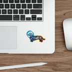 Dachshund Cosmic vinyl sticker by Tritan, on a skateboard