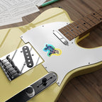Golden Retriever Cosmic vinyl sticker by Tritan, on a guitar
