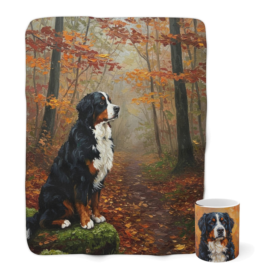 Bernese Mountain Dog Cozy Set — 2-Piece Blanket + Mug Gift Set | Autumn Woods | Tritan