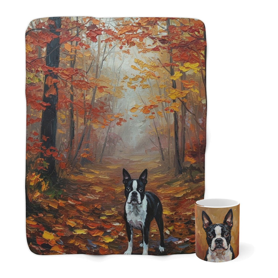 Boston Terrier Cozy Set — 2-Piece Blanket + Mug Gift Set | Autumn Woods | Tritan