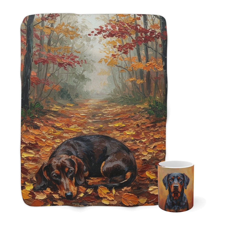 Dachshund Cozy Set — 2-Piece Blanket + Mug Gift Set | Autumn Woods | Tritan