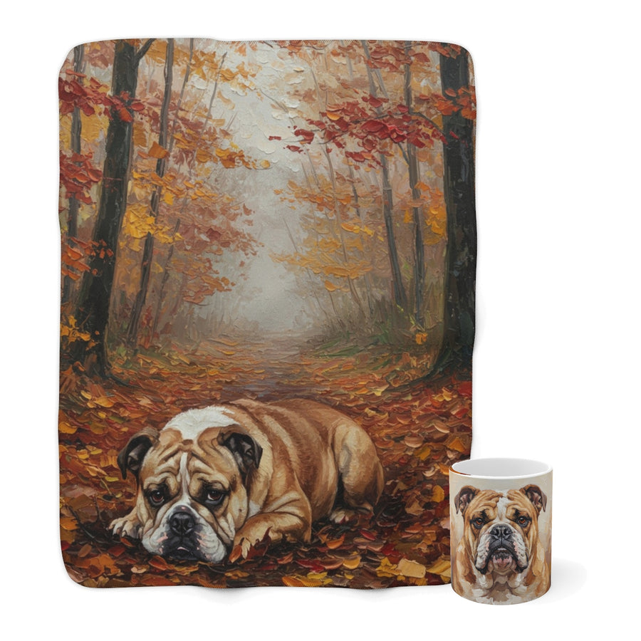 English Bulldog Cozy Set — 2-Piece Blanket + Mug Gift Set | Autumn Woods | Tritan