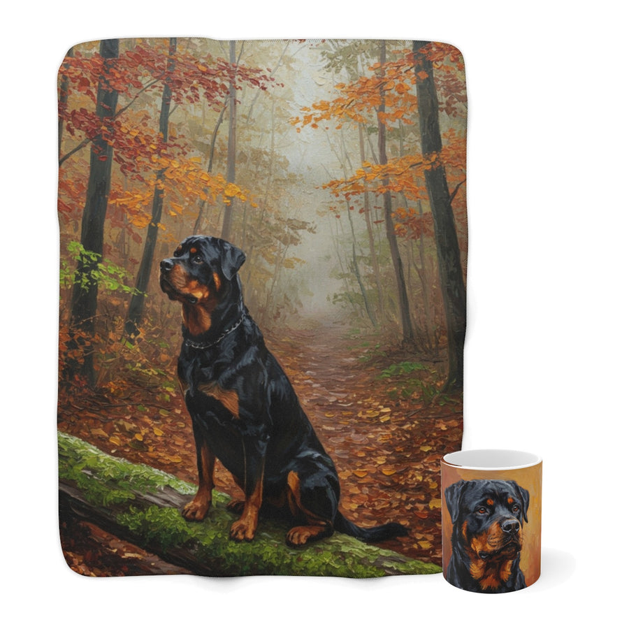 Rottweiler Cozy Set — 2-Piece Blanket + Mug Gift Set | Autumn Woods | Tritan