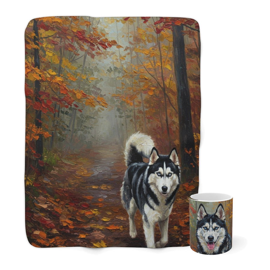 Siberian Husky Cozy Set — 2-Piece Blanket + Mug Gift Set | Autumn Woods | Tritan