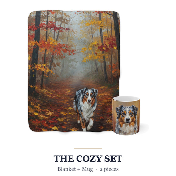 Australian Shepherd Cozy Set — 2-Piece Blanket + Mug Gift Set | Autumn Woods | Tritan