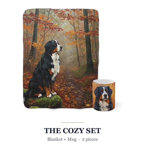 Bernese Mountain Dog Cozy Set — 2-Piece Blanket + Mug Gift Set | Autumn Woods | Tritan