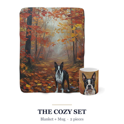 Boston Terrier Cozy Set — 2-Piece Blanket + Mug Gift Set | Autumn Woods | Tritan