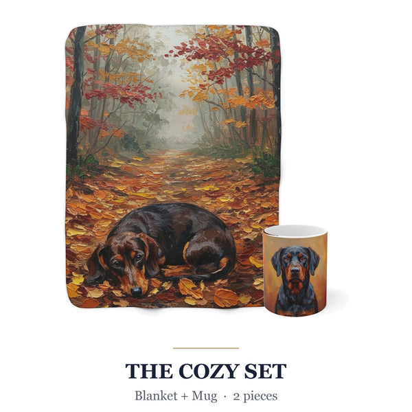 Dachshund Cozy Set — 2-Piece Blanket + Mug Gift Set | Autumn Woods | Tritan