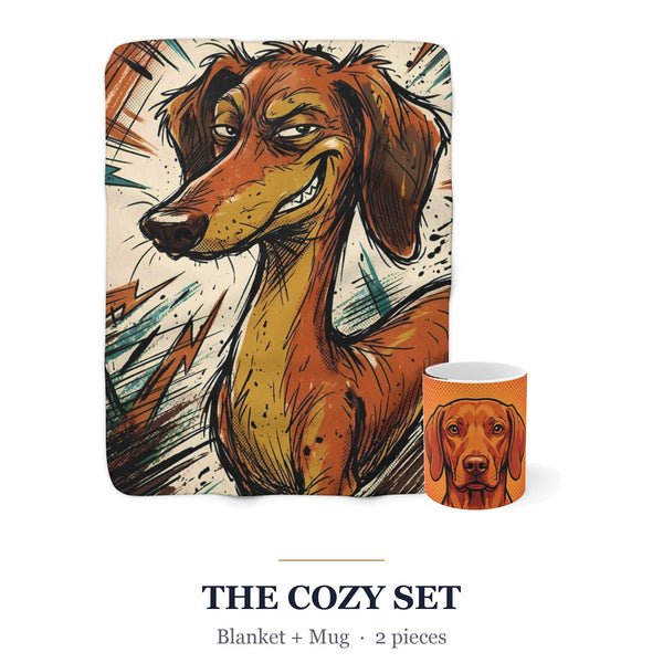 Dachshund Cozy Set — 2-Piece Blanket + Mug Gift Set | Comic | Tritan