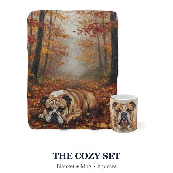 English Bulldog Cozy Set — 2-Piece Blanket + Mug Gift Set | Autumn Woods | Tritan