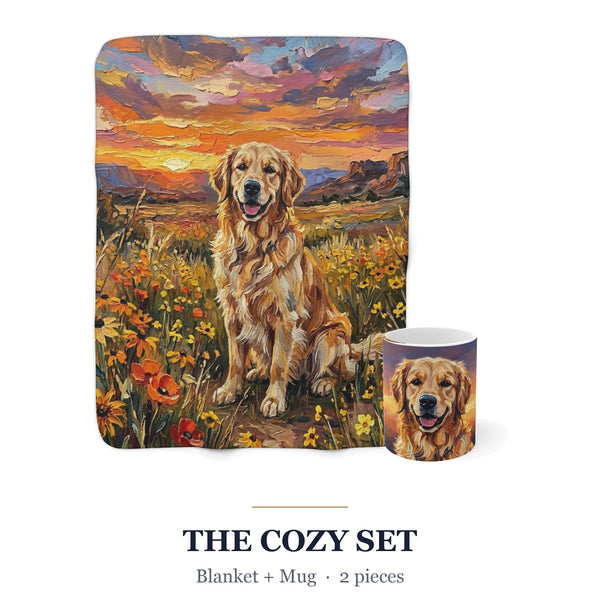 Golden Retriever Cozy Set — 2-Piece Blanket + Mug Gift Set | Sunset Prairie | Tritan