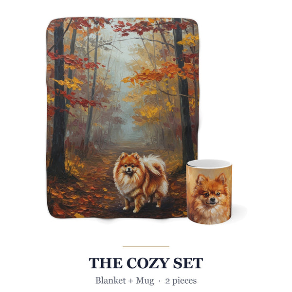 Pomeranian Cozy Set — 2-Piece Blanket + Mug Gift Set | Autumn Woods | Tritan