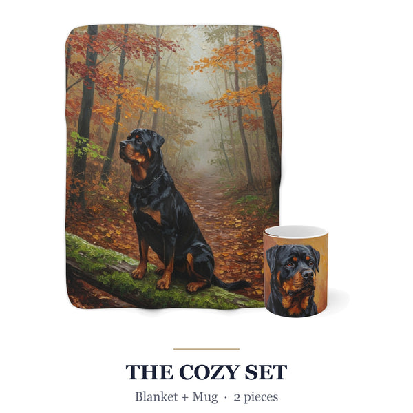Rottweiler Cozy Set — 2-Piece Blanket + Mug Gift Set | Autumn Woods | Tritan