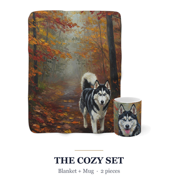 Siberian Husky Cozy Set — 2-Piece Blanket + Mug Gift Set | Autumn Woods | Tritan