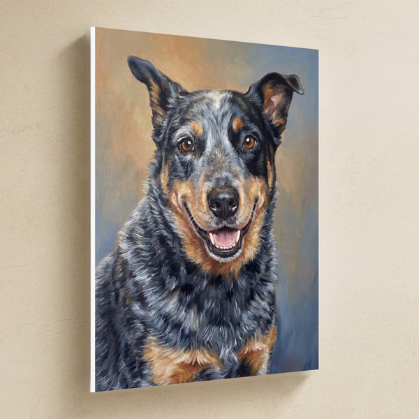 Huckleberry, a custom Blue Heeler portrait canvas, hanging on a warm limestone gallery wall, white wrapped side edge visible