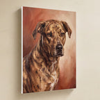 Scout, a custom Catahoula portrait canvas, hanging on a warm limestone gallery wall, white wrapped side edge visible