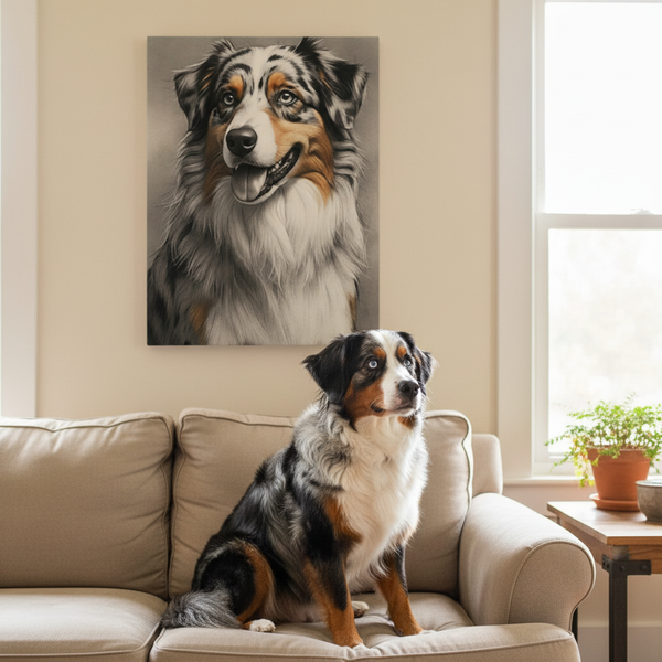 Australian Shepherd Charcoal Portrait Canvas Print, Aussie Dog Wall Art, Pet Lover Gift, Rustic Home Decor