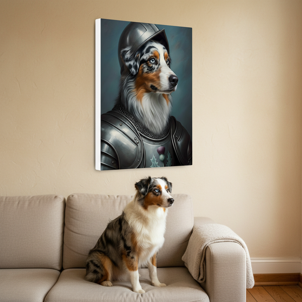 Australian Shepherd Medieval Knight Portrait Canvas Wall Art, Regal Dog Painting, Australian Shepherd Lover Gift, Stretched Canvas — Lifestyle View