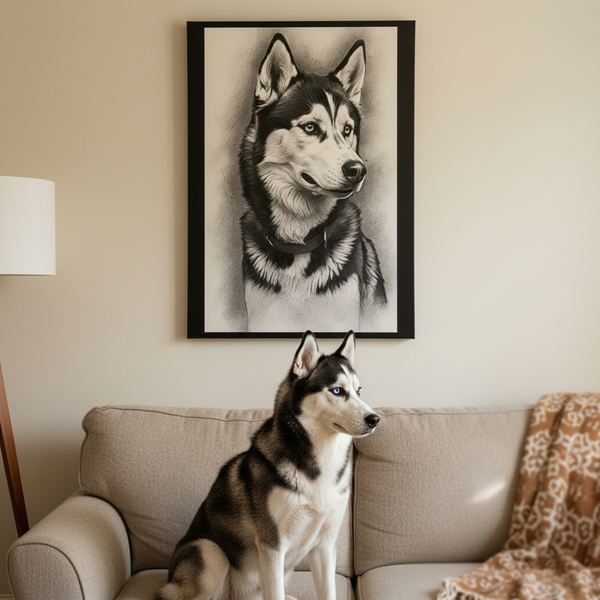 Siberian Husky Charcoal Portrait Canvas Wall Art, Dog Lover Gift, Pet Memorial Art, Nordic Dog Home Decor — Lifestyle View